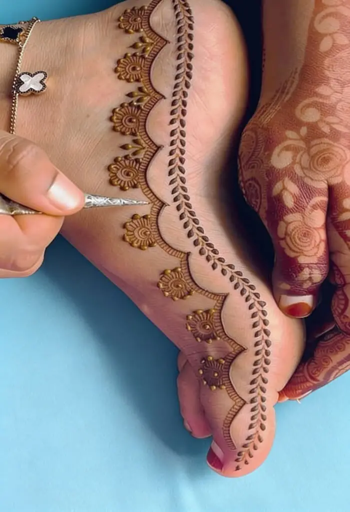 Easy Foot Mehndi Design with Floral Border 