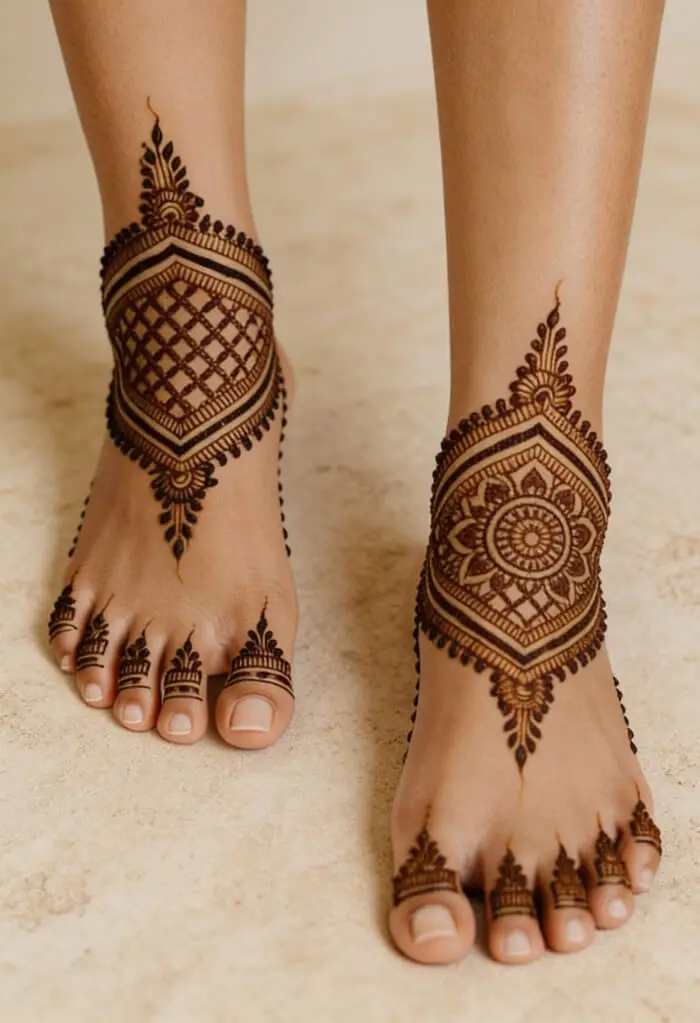 Stunning Geometric Bridal Foot Mehndi Design with Mandala Pattern