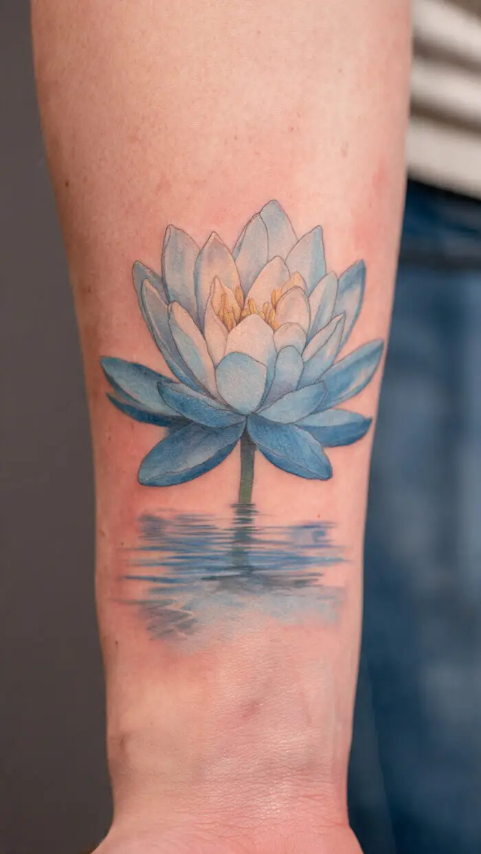 Blue Lotus Flower Tattoo with Water Reflection