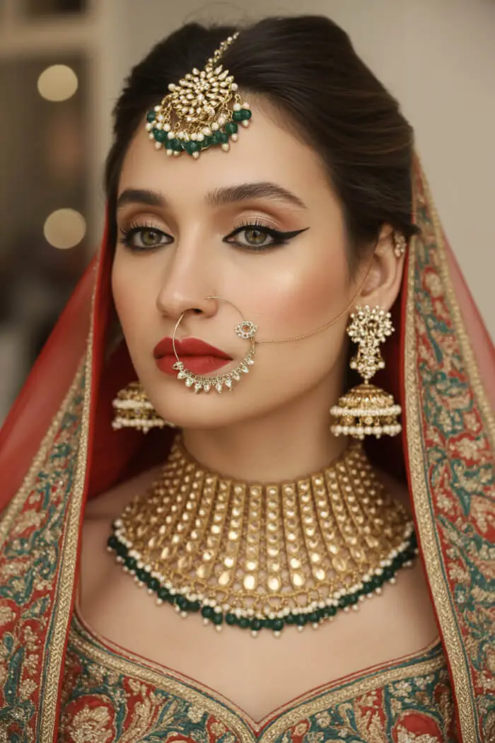 Royal Indian Bridal Makeup Look with Gold Jewelry & Red Lipstick