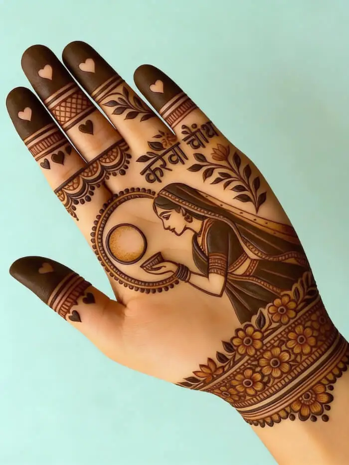 Karva Chauth Mehndi Design with Moon & Bride Illustration