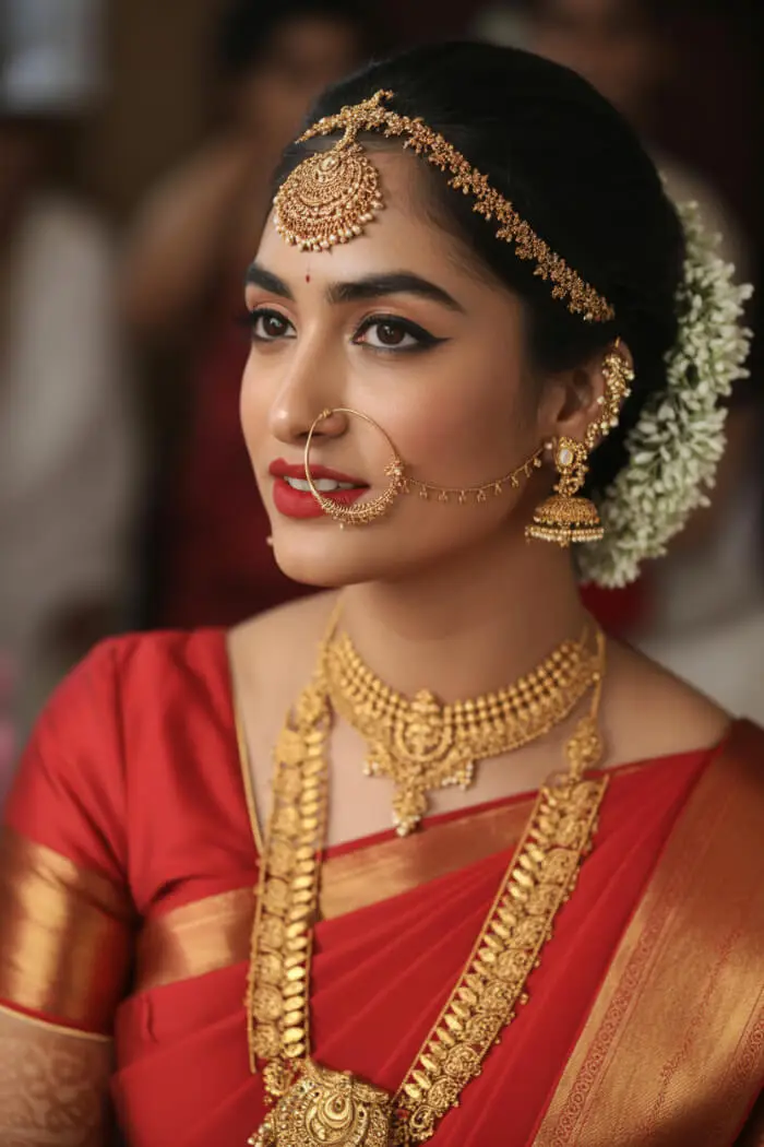 Traditional Indian Bridal Makeup Look in Red Saree with Gold Jewelry