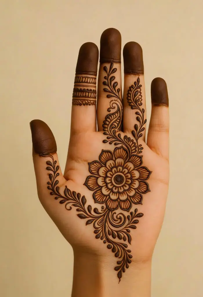 Beautiful Floral Palm Mehndi Design with Fingertip Fill