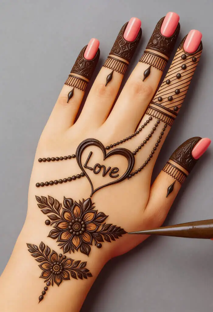 Love Heart Floral Mehndi Design for Back Hand – Elegant Romantic Henna Art
