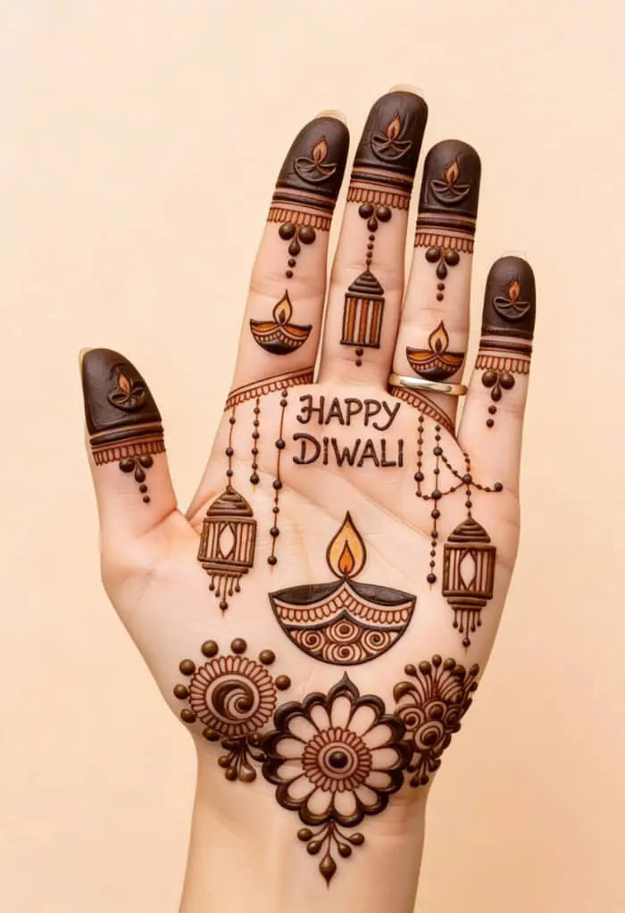 Happy Diwali Palm Mehndi Design with Diya & Lantern Motifs