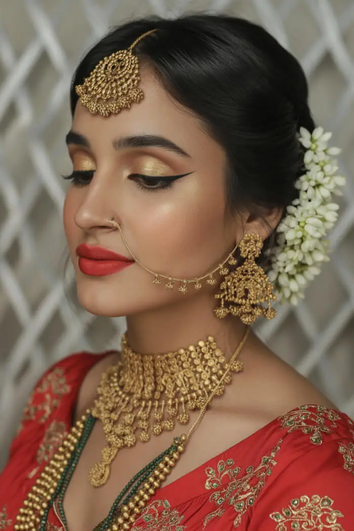 Royal Indian Bridal Golden Eye Makeup with Traditional Gold Jewelry