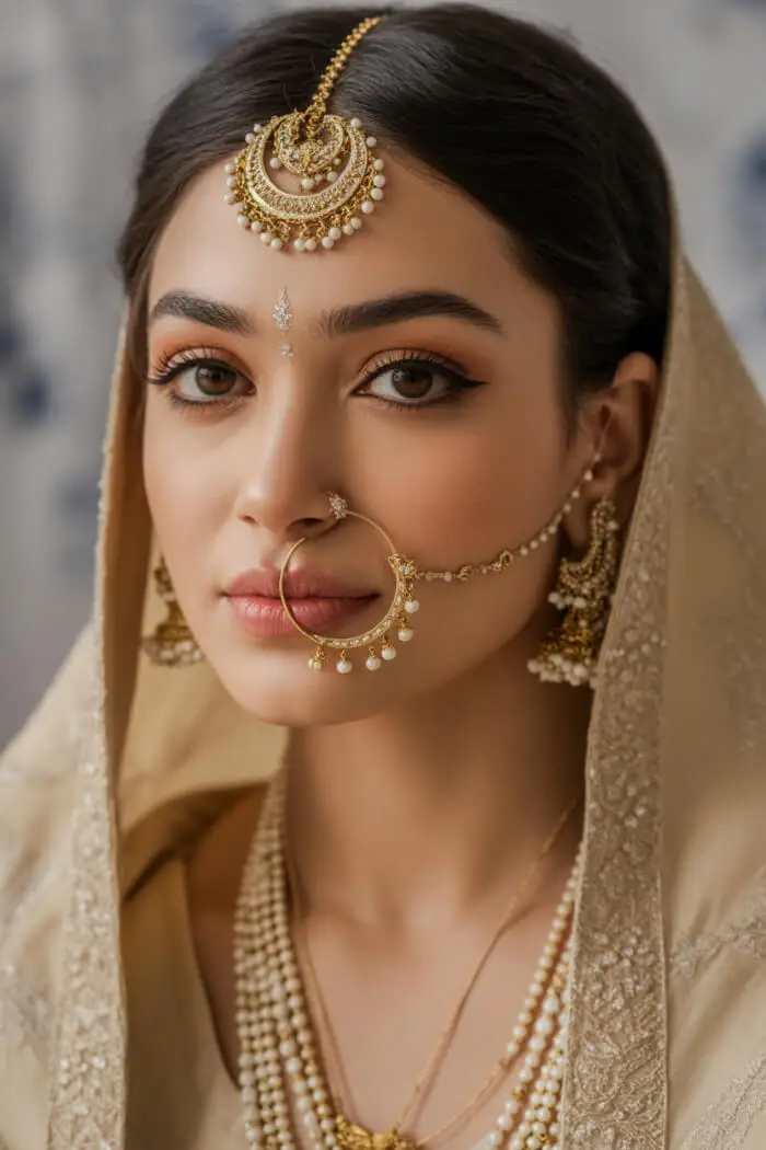 Elegant Indian Bridal Nude Makeup with Traditional Gold Jewelry