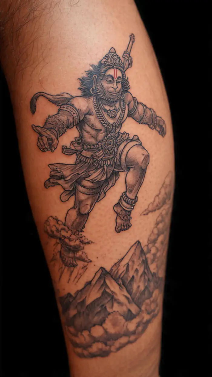 Flying Lord Hanuman Tattoo – Powerful Hindu Mythology Sleeve Design