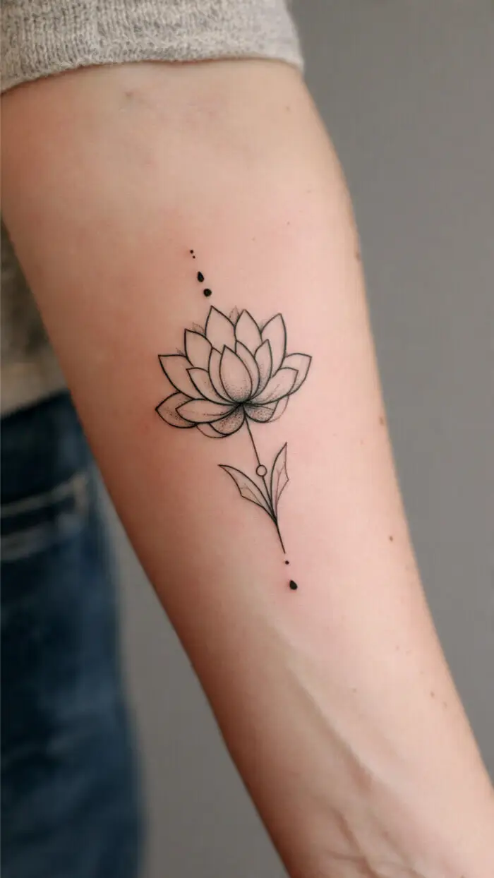 Minimalist Lotus Flower Tattoo on Forearm – Fine Line Floral Ink
