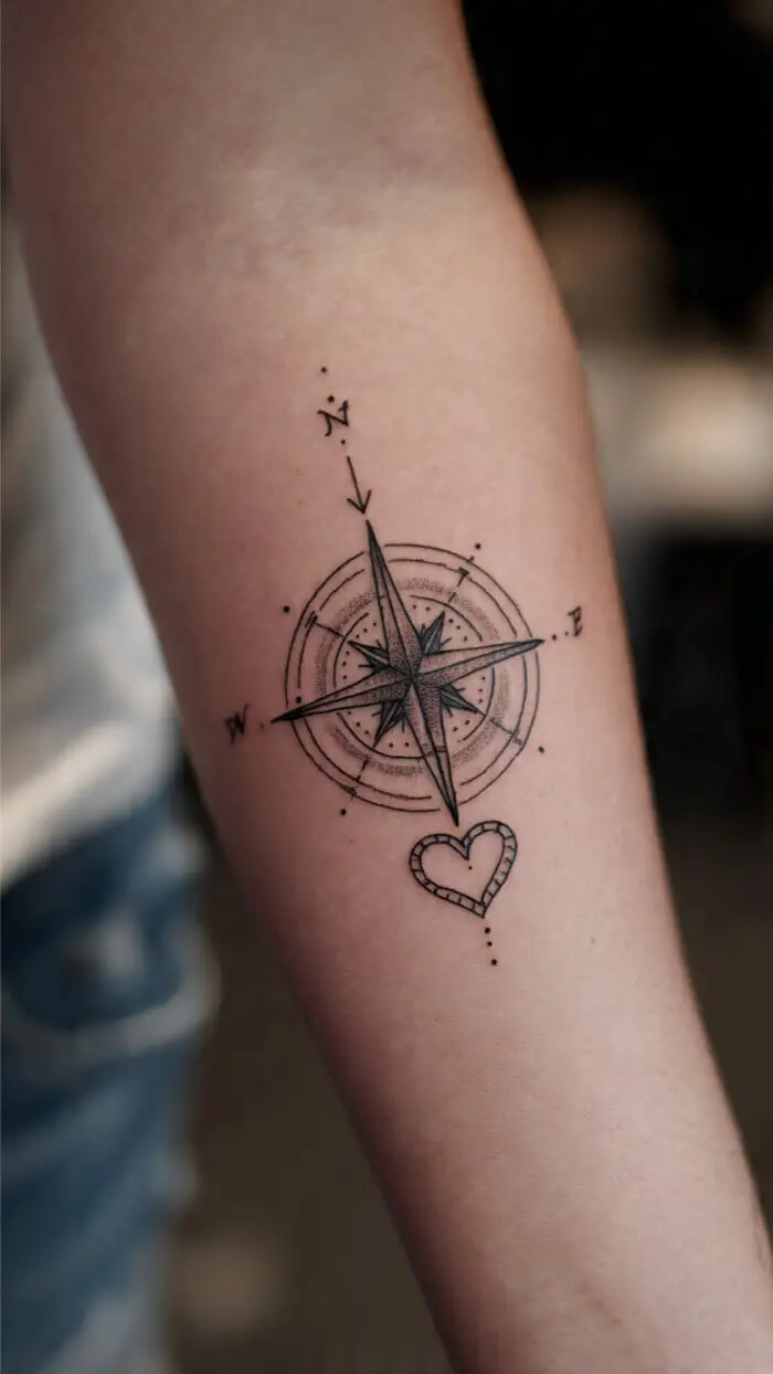 Minimalist Compass & Heart Tattoo Design – Fine Line Direction Symbol