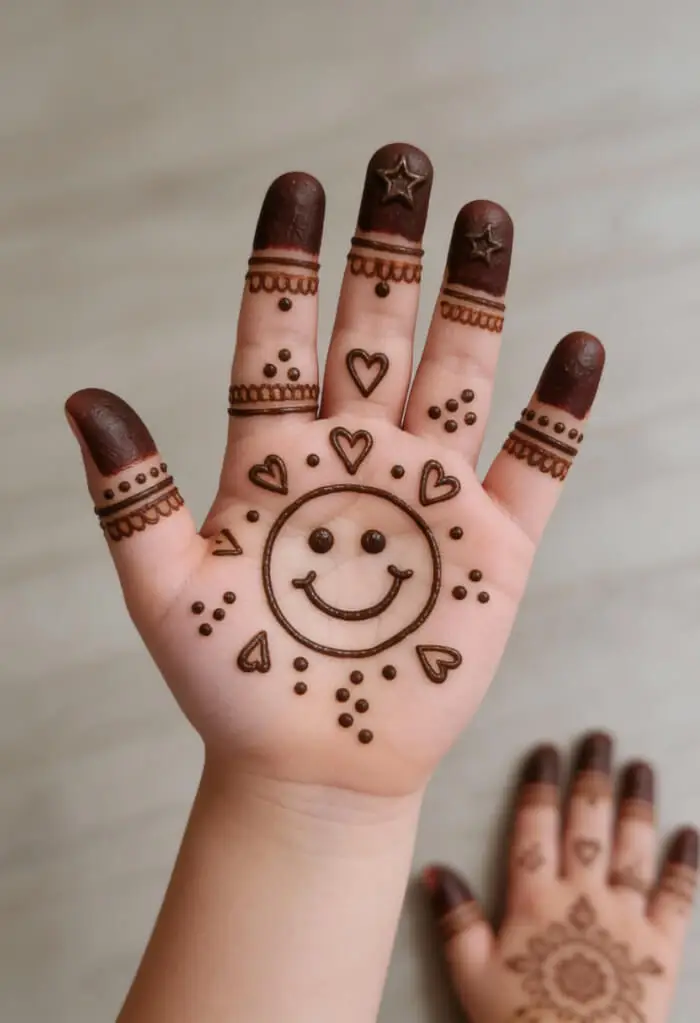 Cute Smiley Face Mehndi Design for Kids
