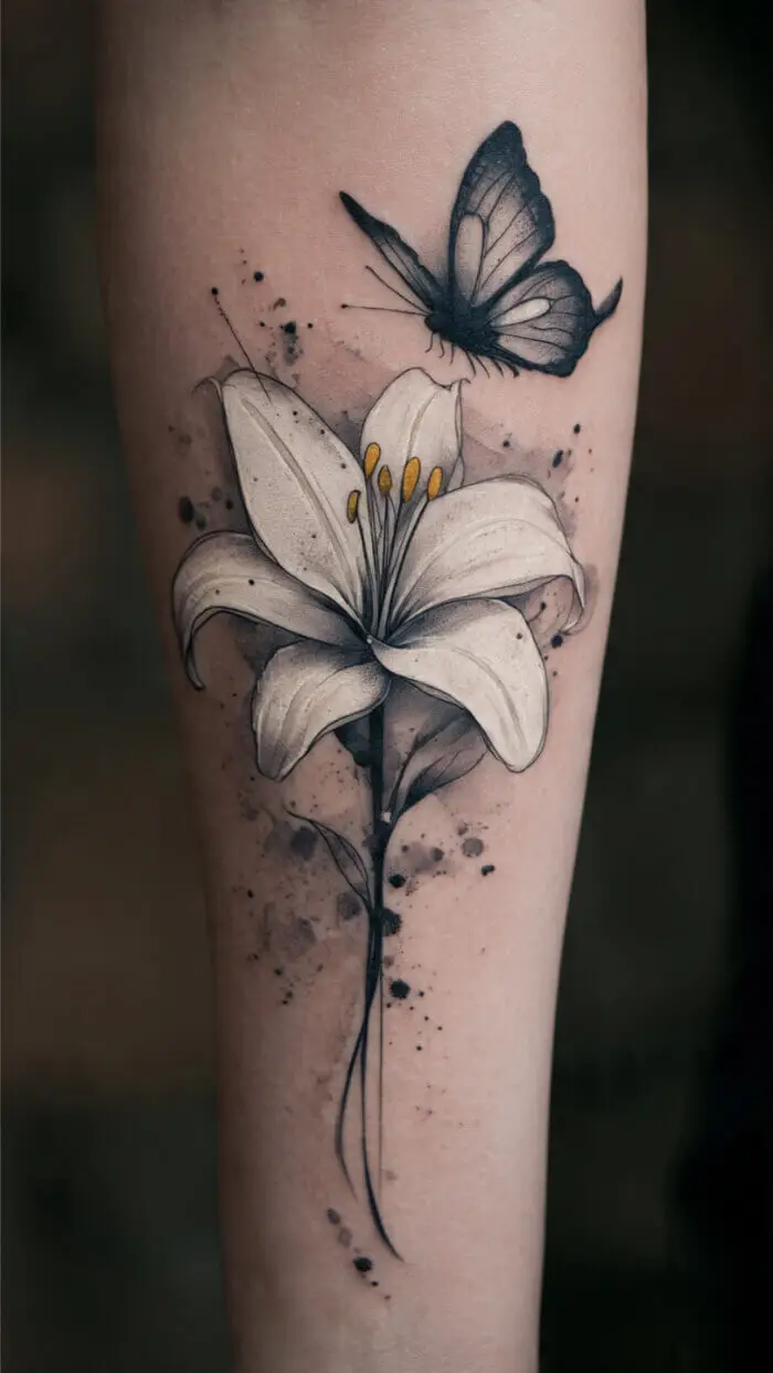 Elegant Lily & Butterfly Tattoo Design – Minimalist Floral Ink