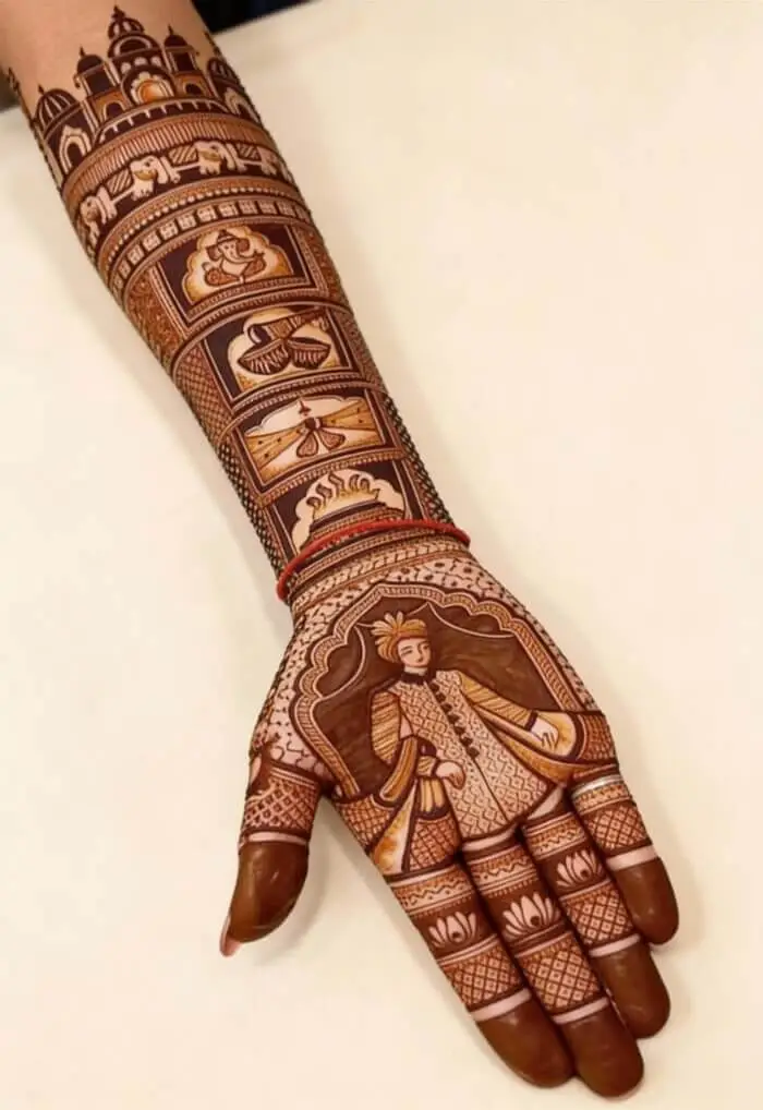Traditional Bridal Mehndi Design with Royal Groom Motif | Full Hand Mehndi Art
