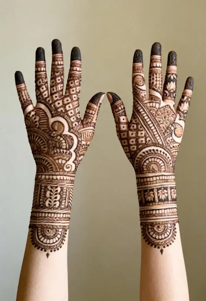 Traditional Full Hands Bridal Mehndi Design with Geometric Patterns