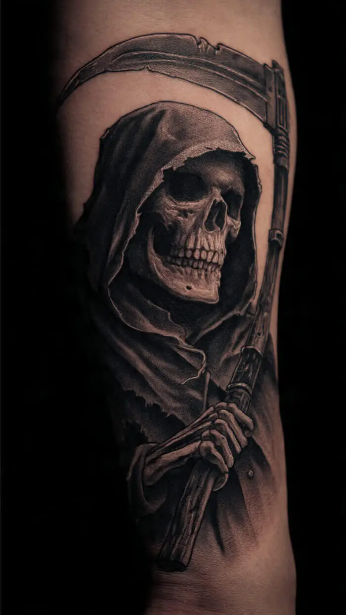 Grim Reaper Skull Tattoo – Dark Realism Death Tattoo Design