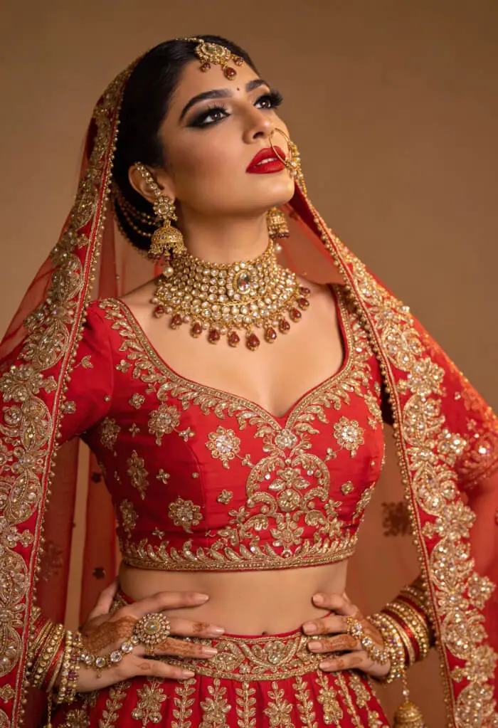Royal Red Bridal Lehenga with Eye Lashes & Red Lips Makeup Look 