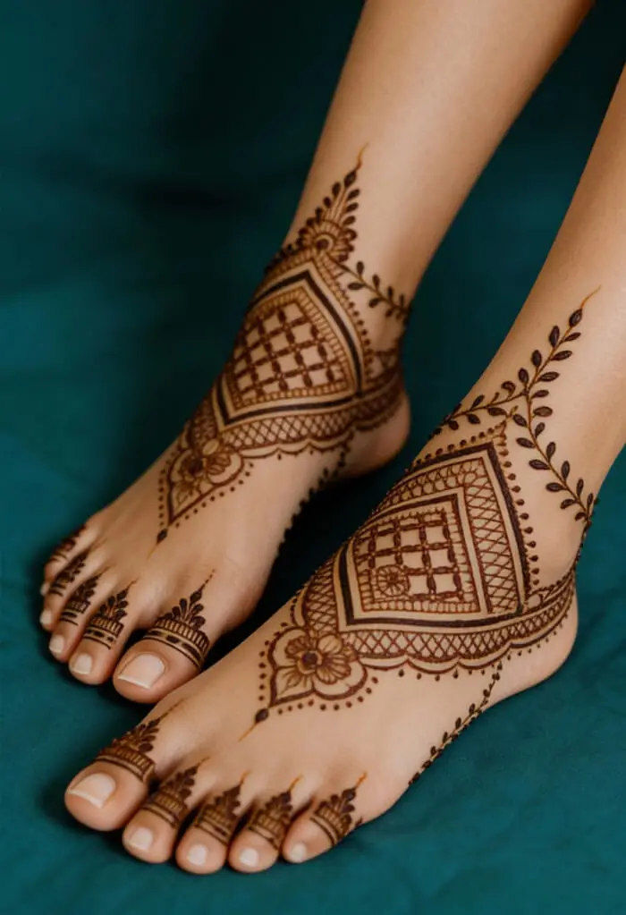 Easy Bridal Foot Mehndi Design with Geometric & Floral Patterns