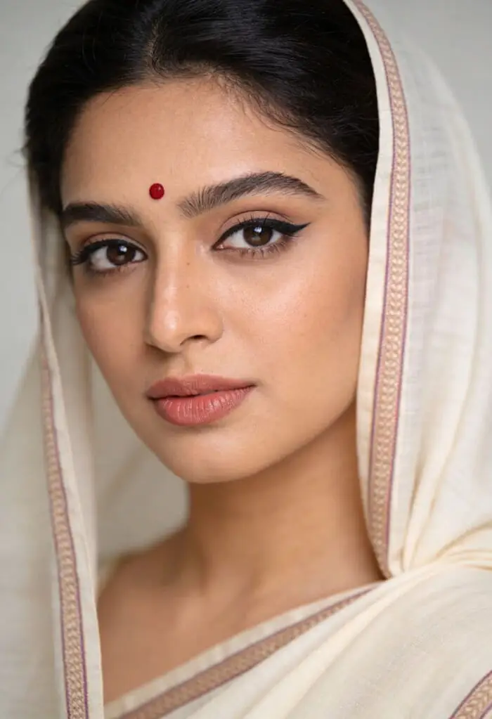 Simple Minimal Indian Makeup with Classic Winged Eyeliner & Red Bindi