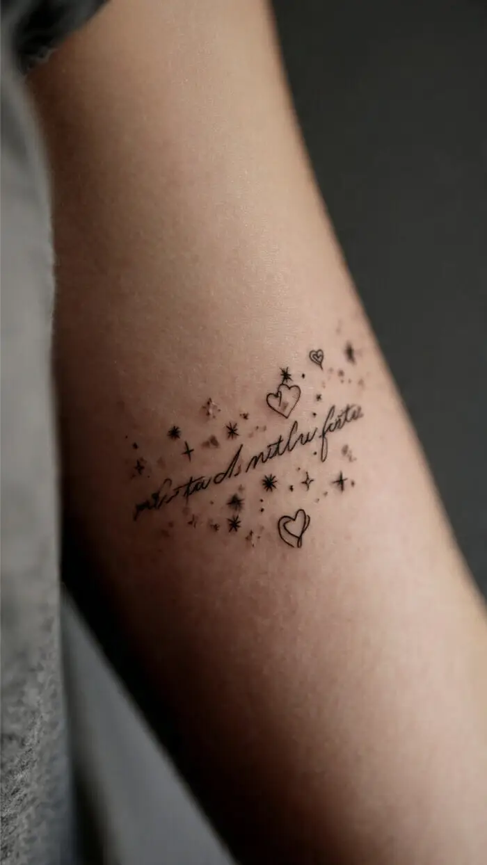 Minimalist Script Quote Tattoo with Hearts & Stars on Forearm