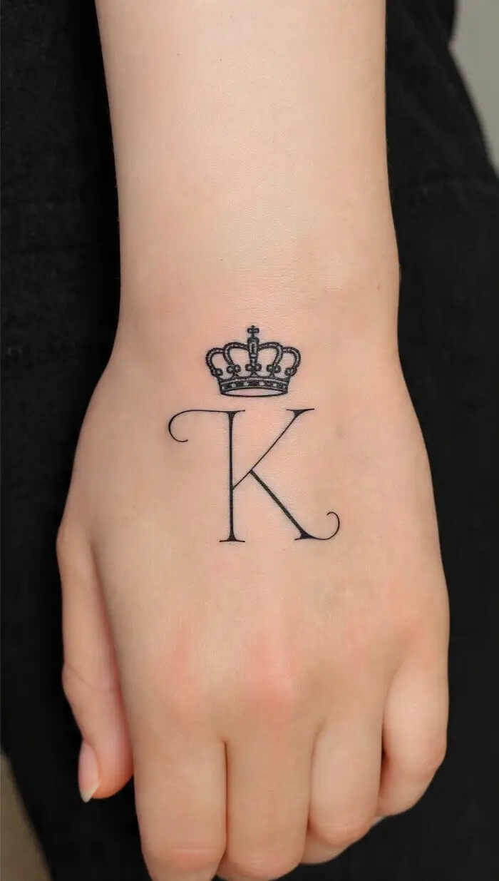 Minimalist Crown Initial K Tattoo on Hand – Elegant Royal Letter Design