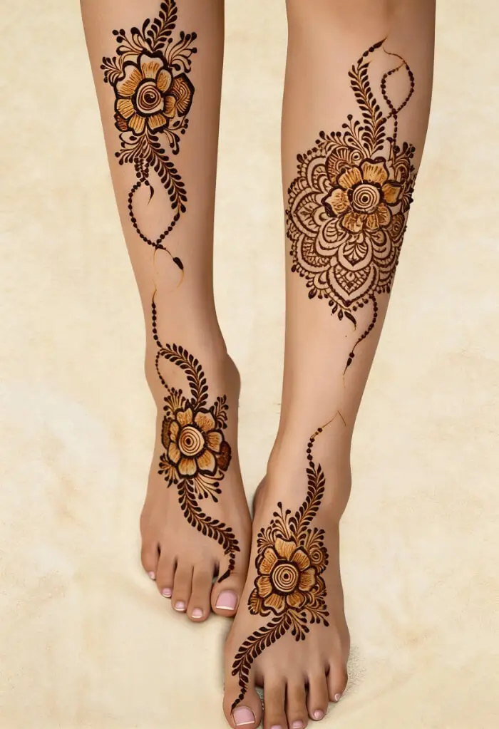 Elegant Floral Bridal Leg Mehndi Design with Mandala & Vines