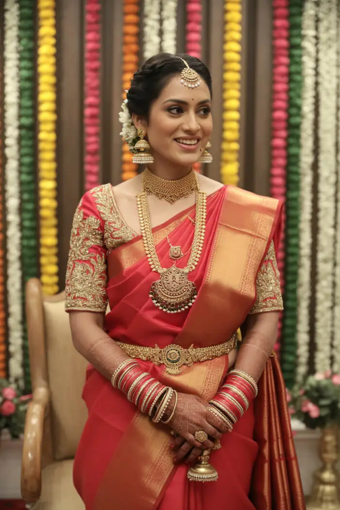 Traditional South Indian Bridal Makeup Look in Red Silk Saree