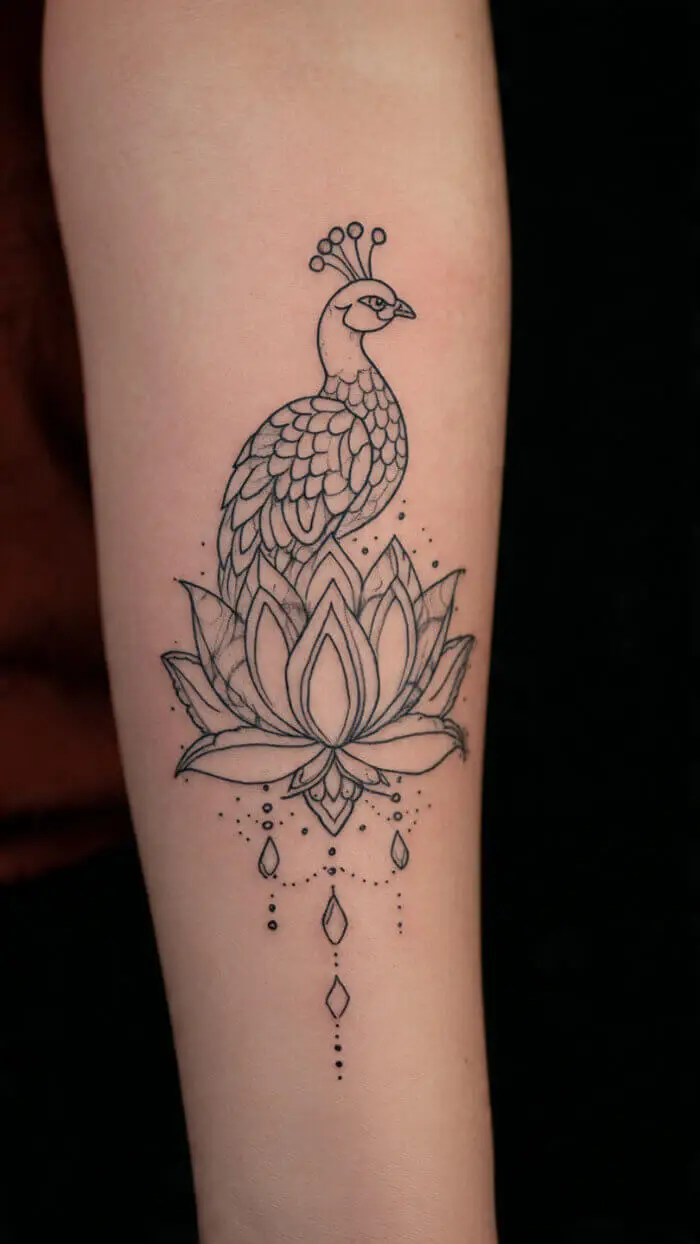 Peacock and Lotus Tattoo Design – Minimal Spiritual Line Art Forearm Tattoo