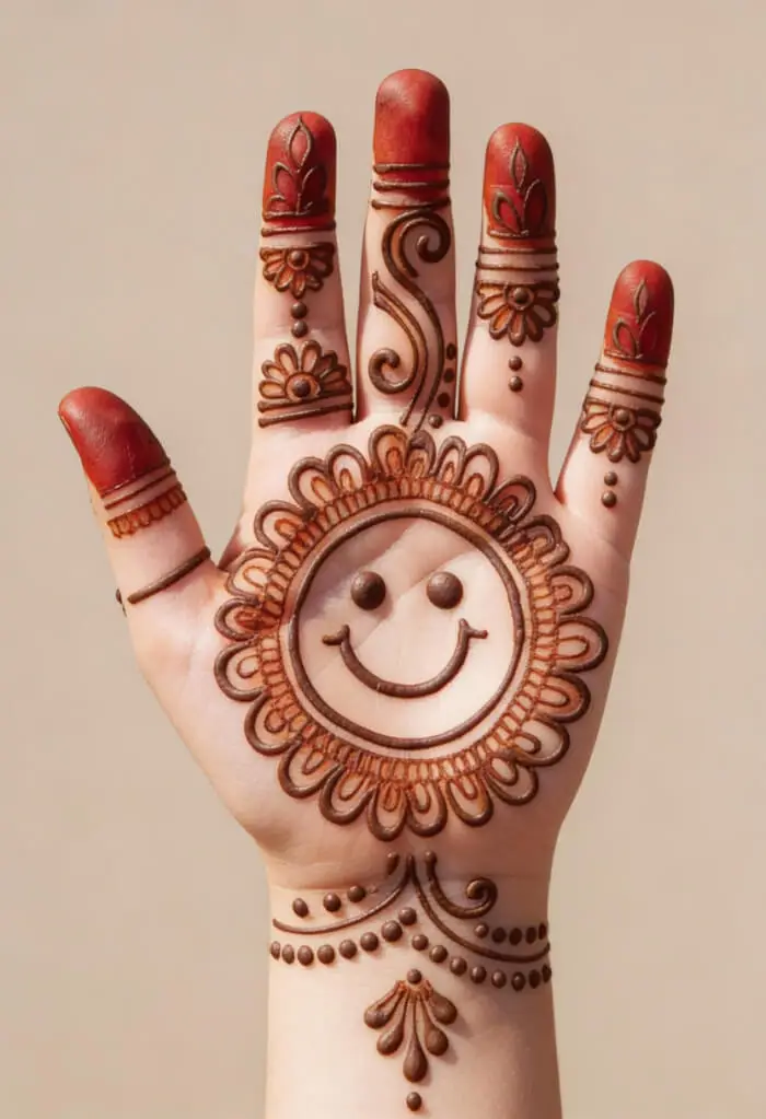 Cute Smiley Face Palm Mehndi Design for Kids & Beginners