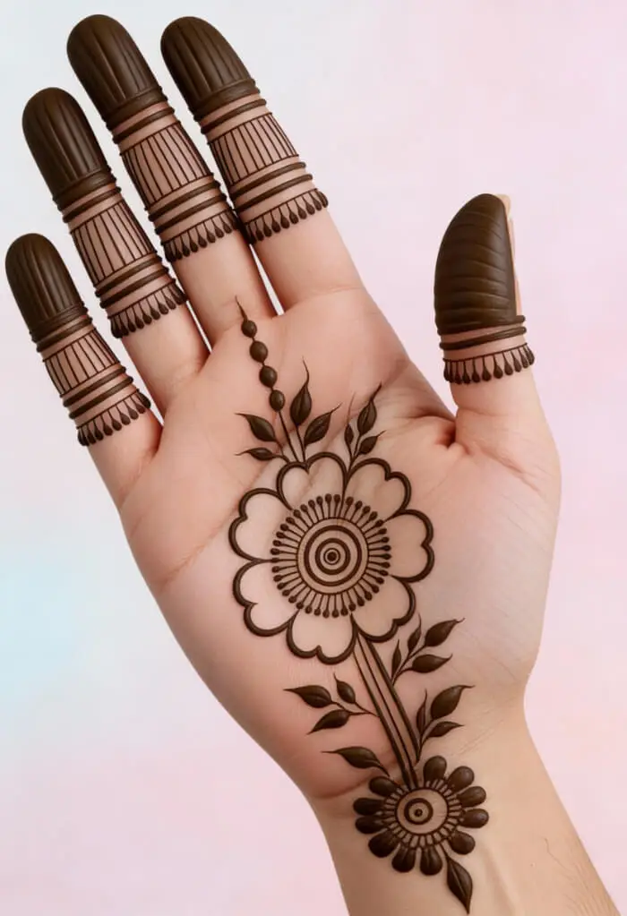 Adorable Minimal Floral Palm Mehndi Design with Finger Bands