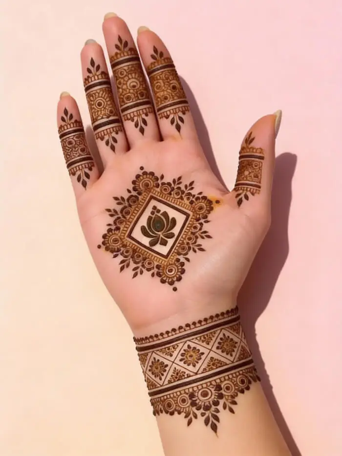 Minimal Square Lotus Mehndi Design for Palm & Fingers