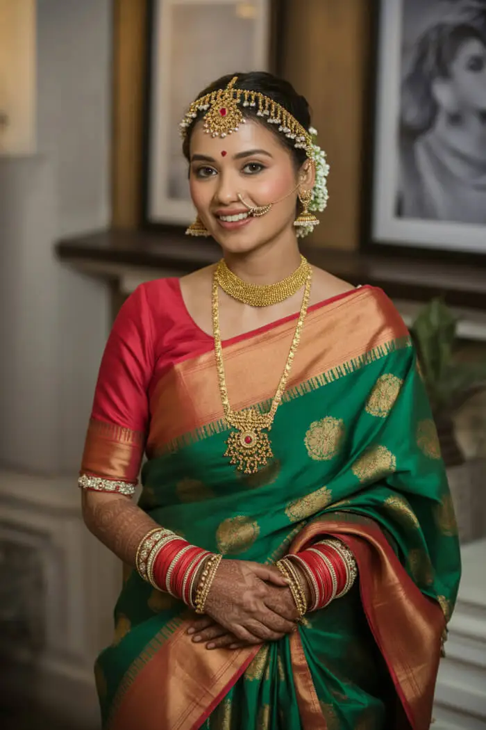 Traditional South Indian Bridal Makeup with Green Silk Saree & Gold Temple Jewelry