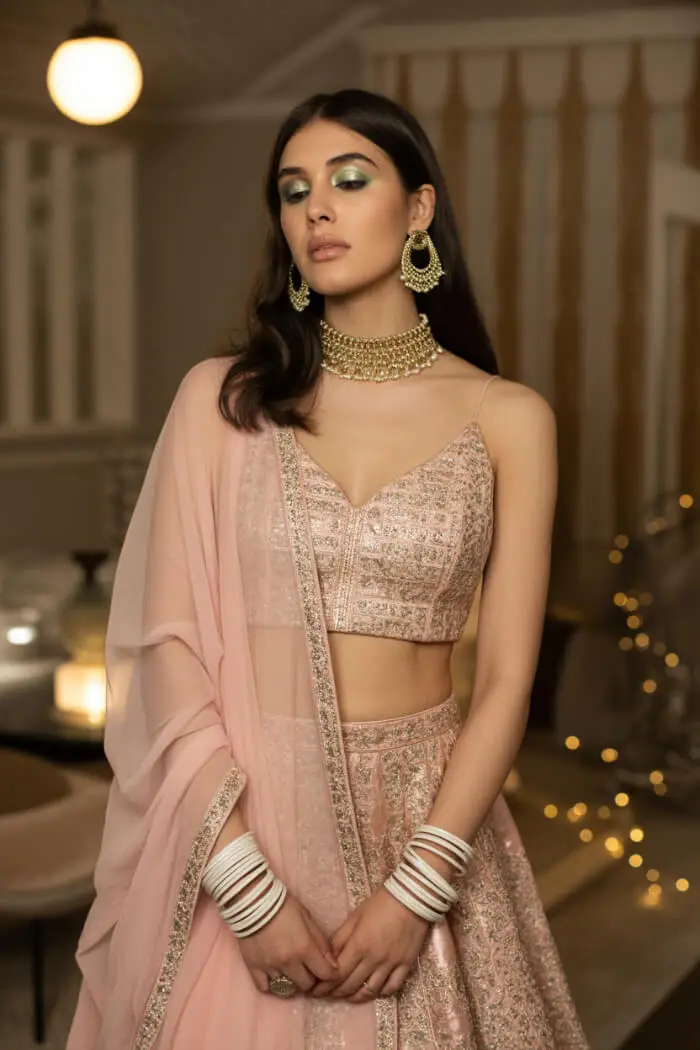 Blush Pink Lehenga Look with Gold Jewelry & Soft Green Eye Makeup