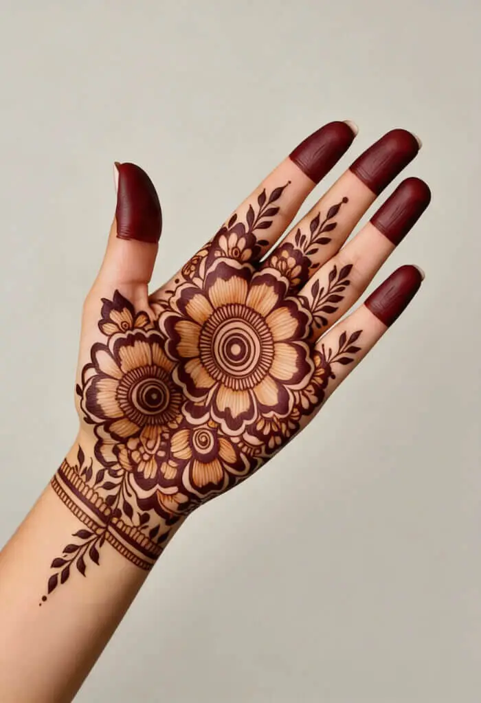 Beautiful Floral Front Hand Mehndi Design with Fingertips