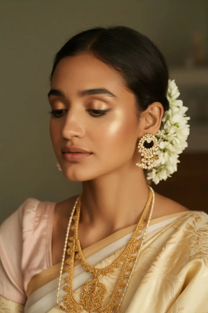 Elegant South Indian Bridal Makeup Look with Gold Jewelry & Gajra