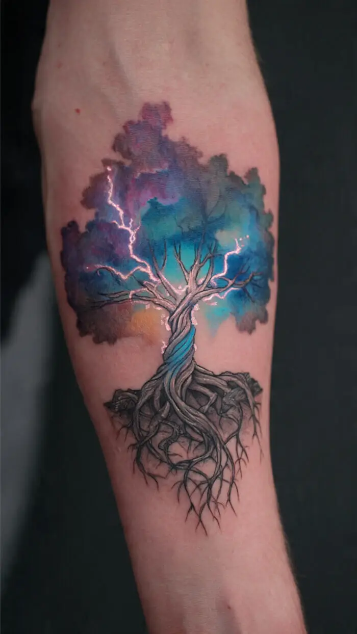 Electric Tree of Life Tattoo with Roots & Lightning