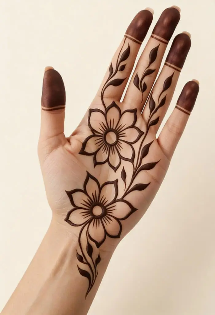 Simple Minimal Floral Palm Mehndi Design with Bold Fingertips