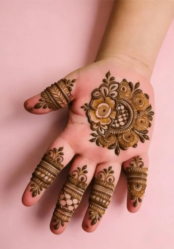 Elegant Floral Mandala Palm Mehndi Design with Finger Bands
