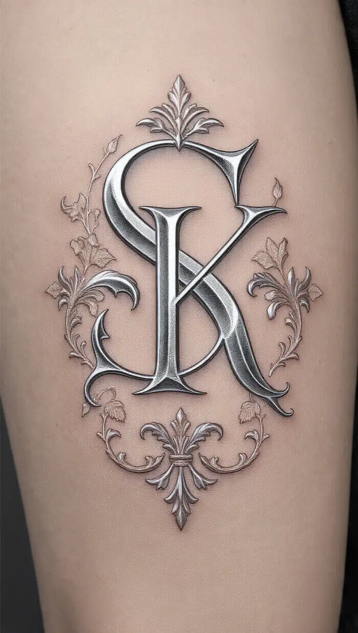 Classic Monogram "S & K" Tattoo Design with Ornate Floral Detailing