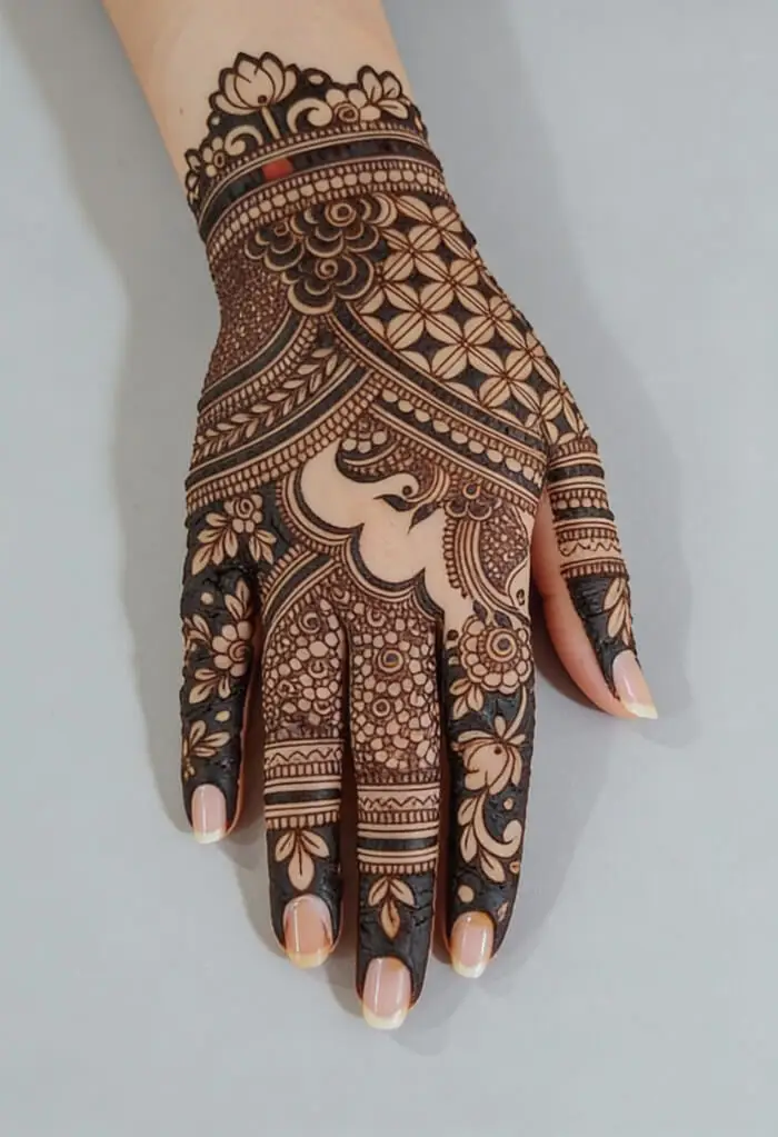 Intricate Bridal Back Hand Mehndi Design with Floral & Elephant Motifs
