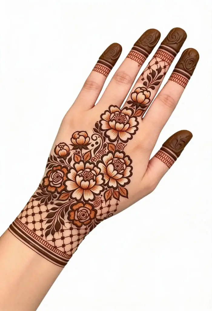 Stunning Floral Back Hand Mehndi Design with Finger Tips Filled