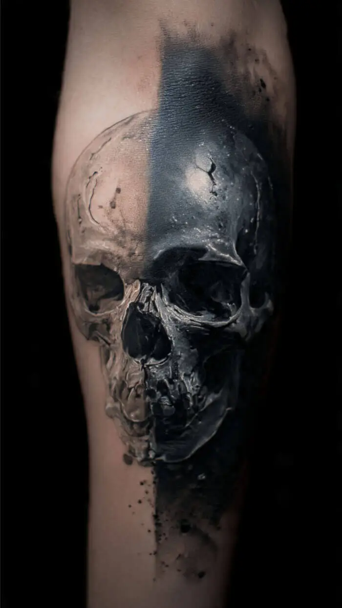 Dark Realistic Skull Tattoo with Black Ink Smoke Effect