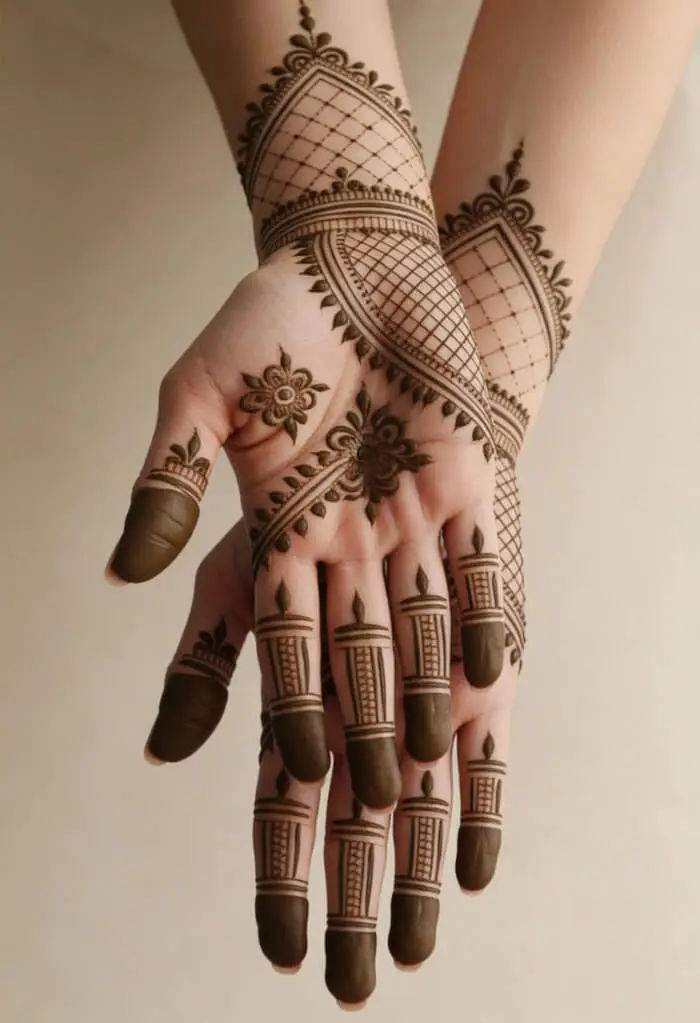 Minimal Net Palm Mehndi Design with Floral Finger Patterns