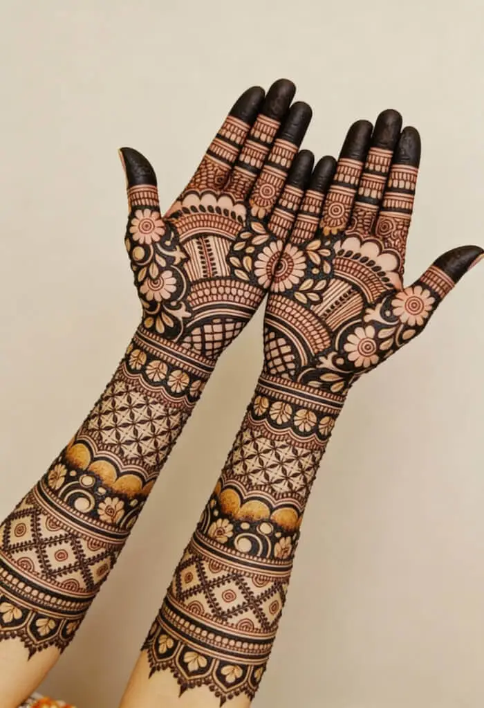 Full Hand Arabic Bridal Mehndi Design with Floral & Geometric Patterns