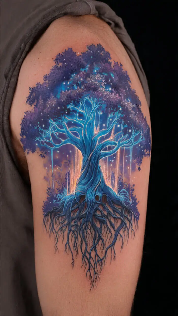 Mystical Tree of Life Tattoo with Glowing Roots & Cosmic Aura