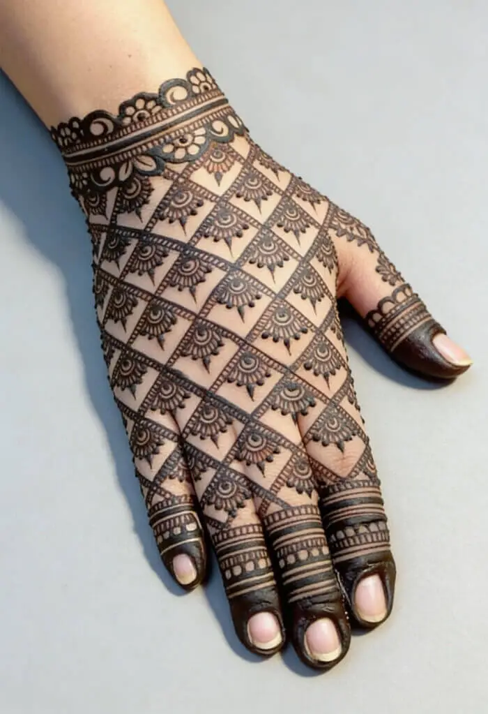 Elegant Geometric Back Hand Mehndi Design with Floral Grid Pattern