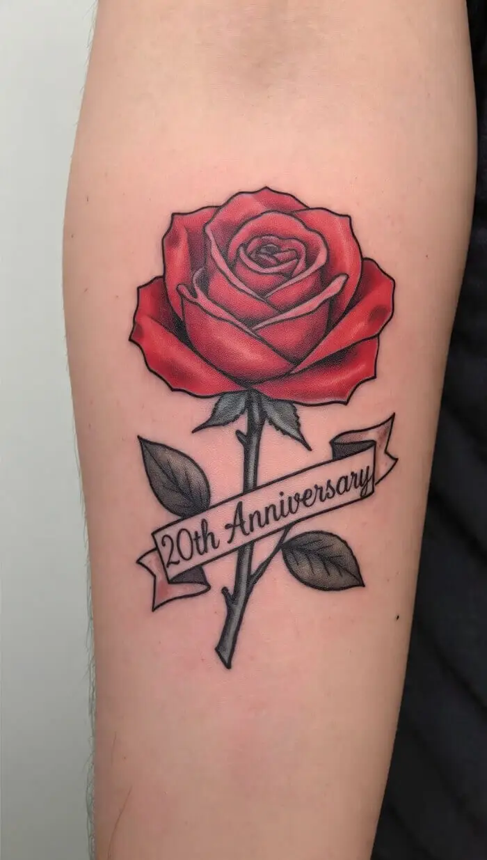 Stunning Red Rose 20th Anniversary Tattoo with Banner Design
