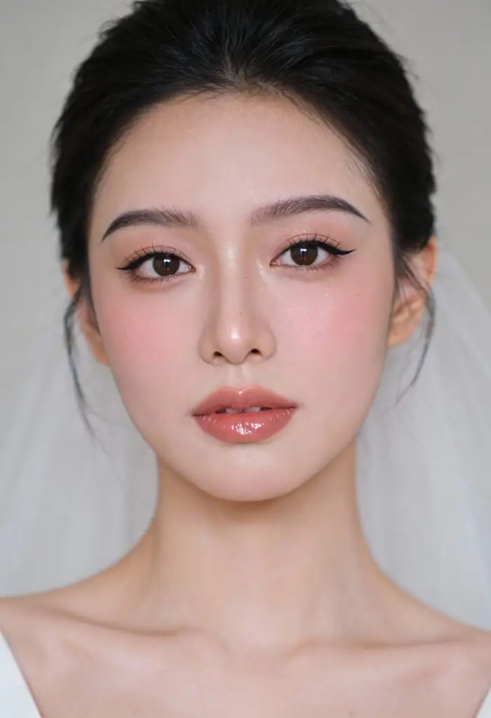 Soft Bridal Glow Makeup Look with Pink Blush & Glossy Nude Lips
