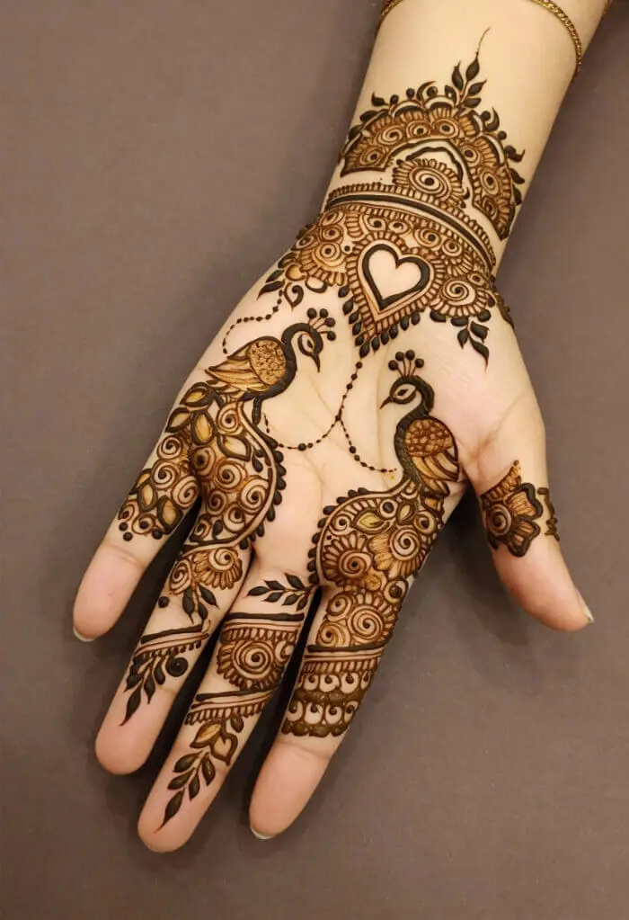 Peacock Heart Bridal Mehndi Design for Front Hand