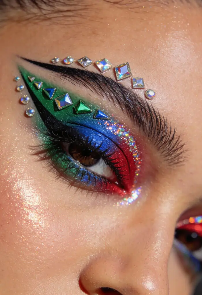 Rainbow Glitter Eye Makeup with Rhinestones – Bold Festival Glam Look