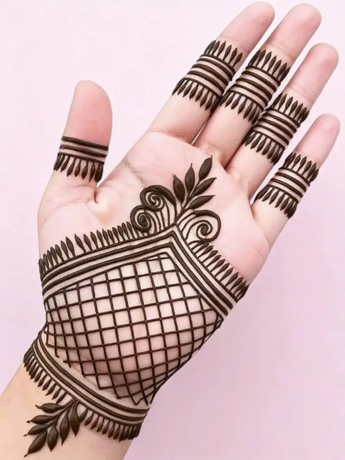 Simple Geometric Net Palm Mehndi Design with Floral Touch